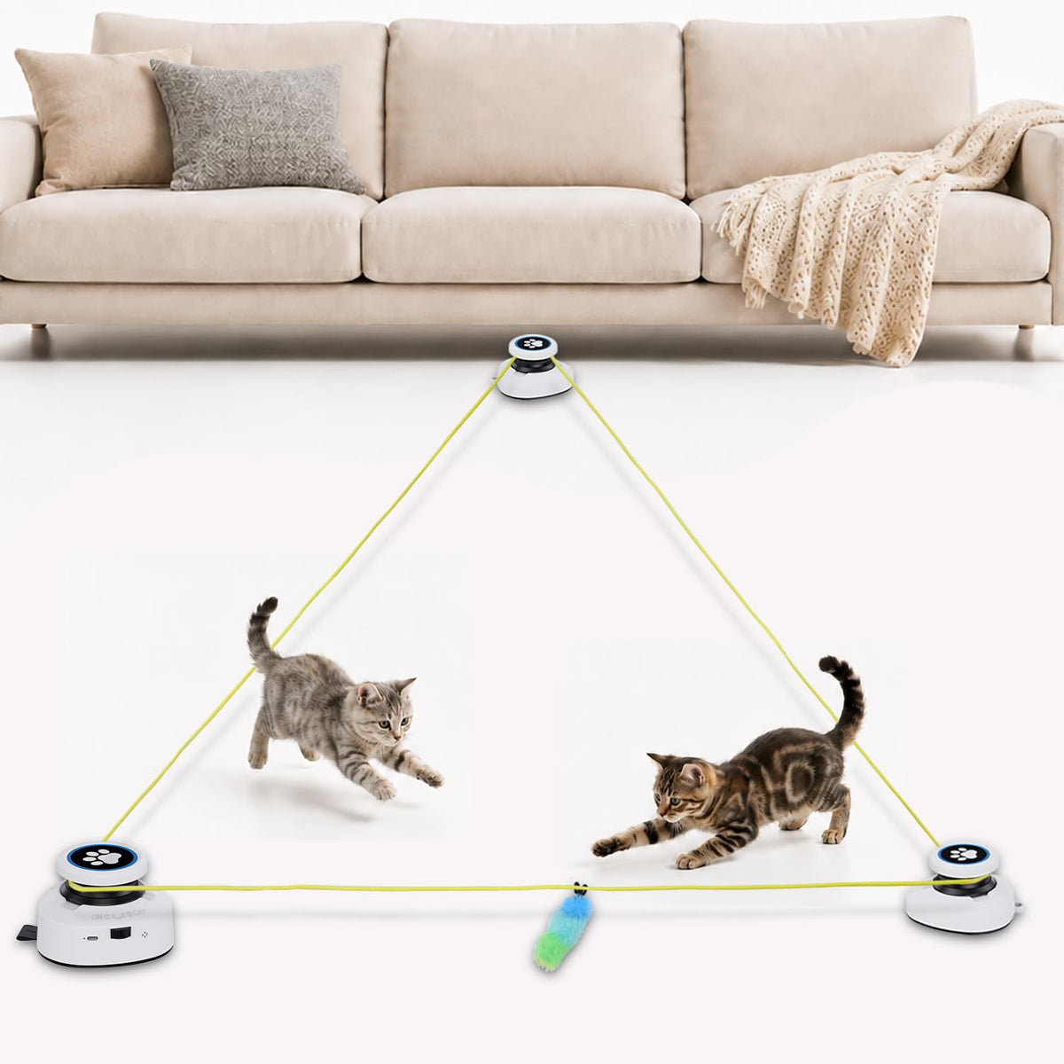 Automatic Cat Toy for Indoor Cats with Remote Control, Interactive Cat Chase Toy with Moving Feather Lure, DIY Floor Route Kit with Mouse Sound, Rechargeable Self-Play Toy