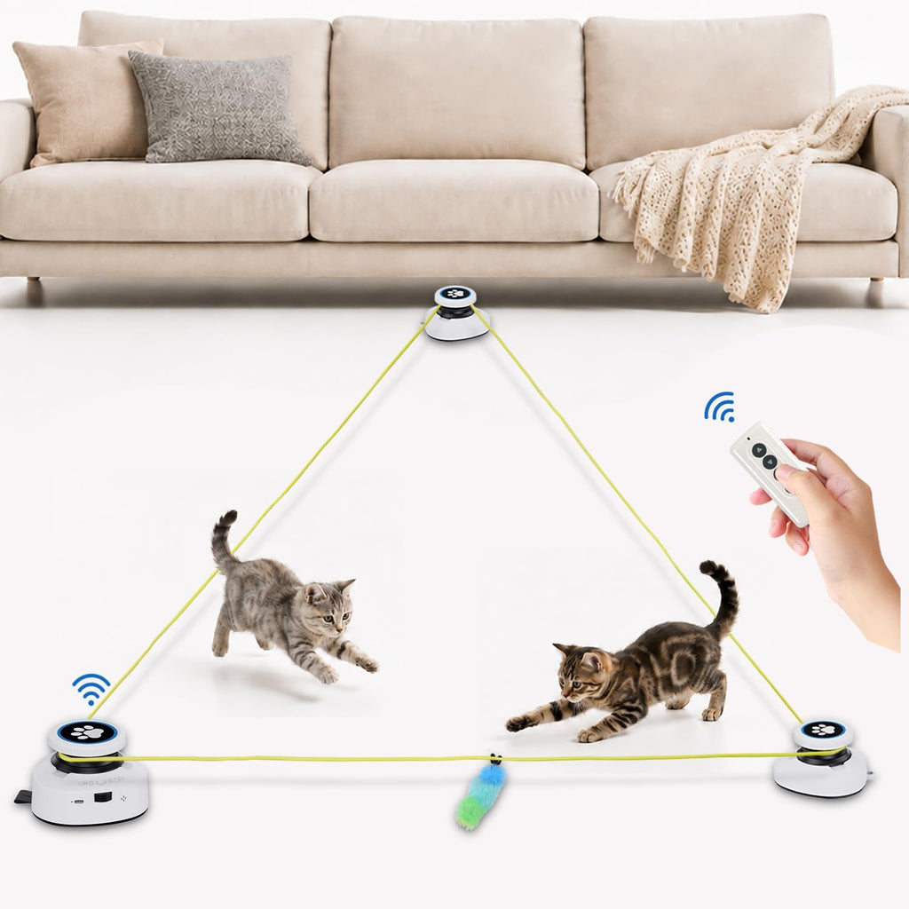 Automatic Cat Toy for Indoor Cats with Remote Control, Interactive Cat Chase Toy with Moving Feather Lure, DIY Floor Route Kit with Mouse Sound, Rechargeable Self-Play Toy