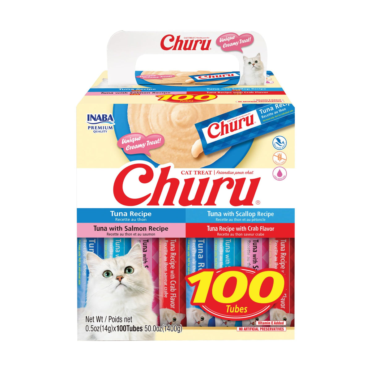 INABA Churu Cat Treats, Lickable, Squeezable Creamy Purée with Vitamin E, 0.5 Ounces per Tube, 120 Tubes Total, Tuna Variety