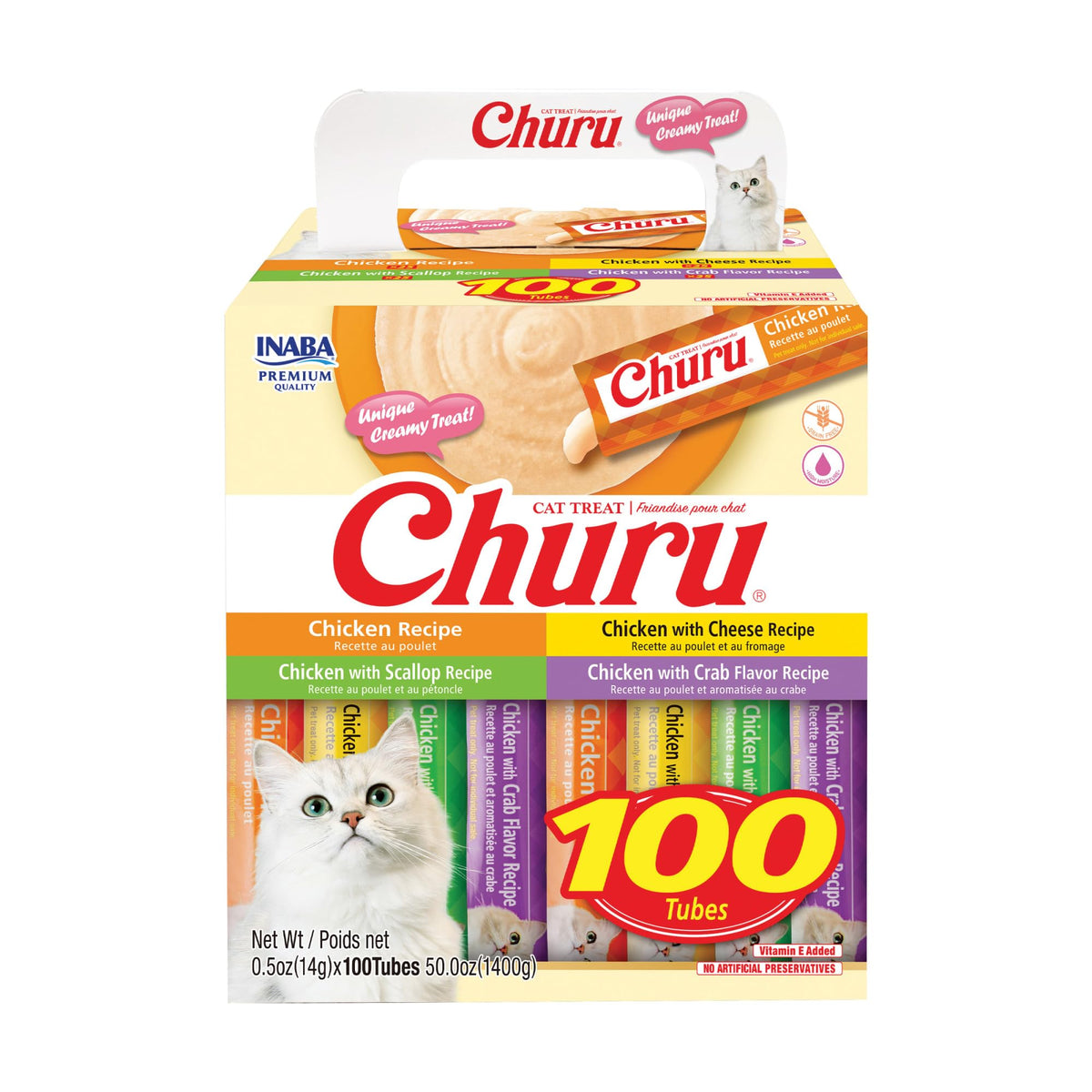 INABA Churu Cat Treats, Lickable, Squeezable Creamy Purée with Vitamin E, 0.5 Ounces per Tube, 120 Tubes Total, Tuna Variety