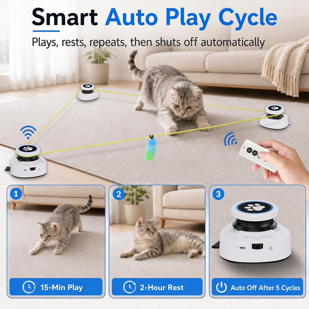 Automatic Cat Toy for Indoor Cats with Remote Control, Interactive Cat Chase Toy with Moving Feather Lure, DIY Floor Route Kit with Mouse Sound, Rechargeable Self-Play Toy