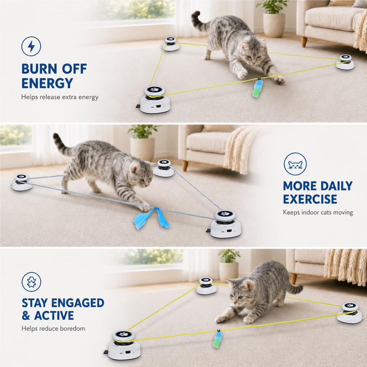 Automatic Cat Toy for Indoor Cats with Remote Control, Interactive Cat Chase Toy with Moving Feather Lure, DIY Floor Route Kit with Mouse Sound, Rechargeable Self-Play Toy