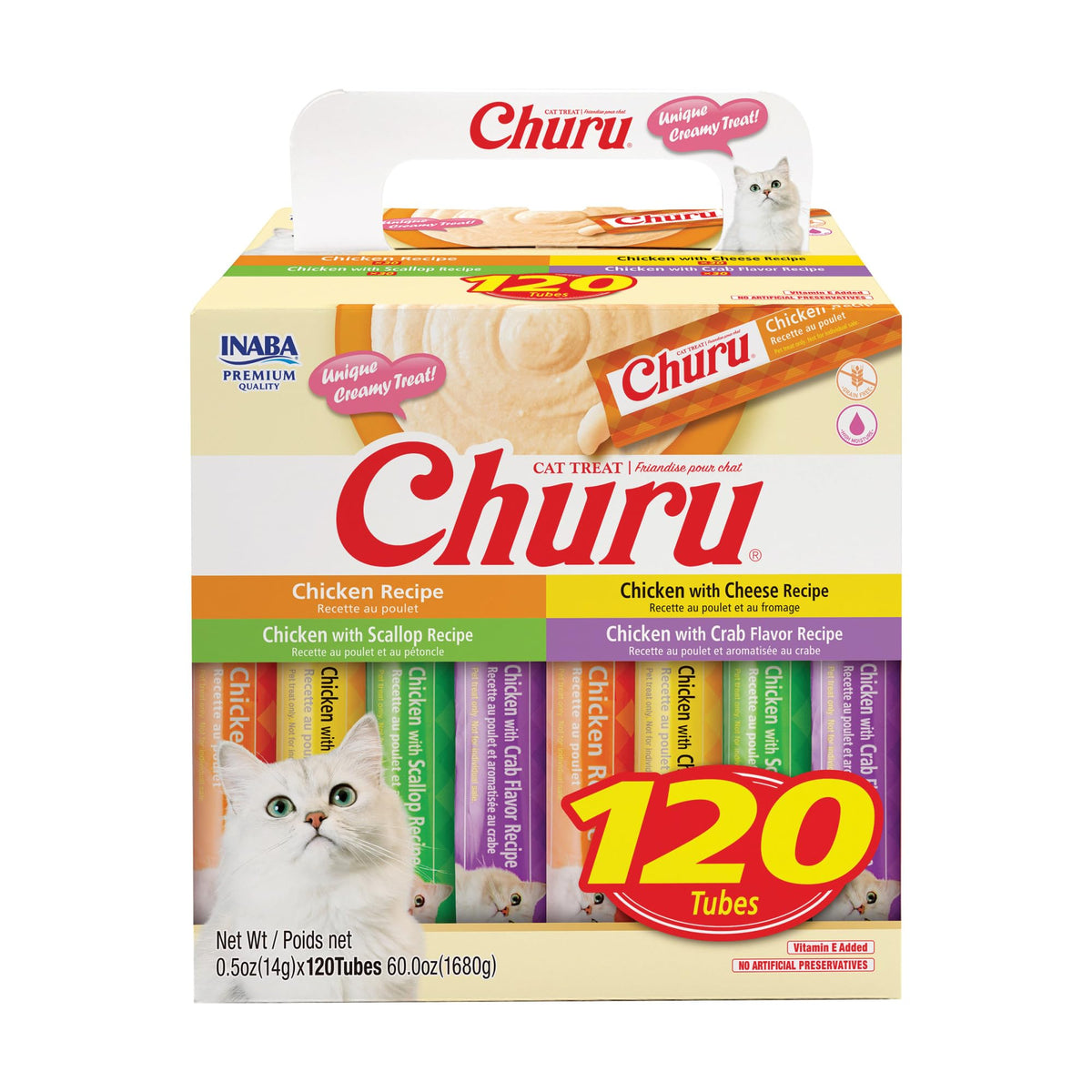 INABA Churu Cat Treats, Lickable, Squeezable Creamy Purée with Vitamin E, 0.5 Ounces per Tube, 120 Tubes Total, Tuna Variety