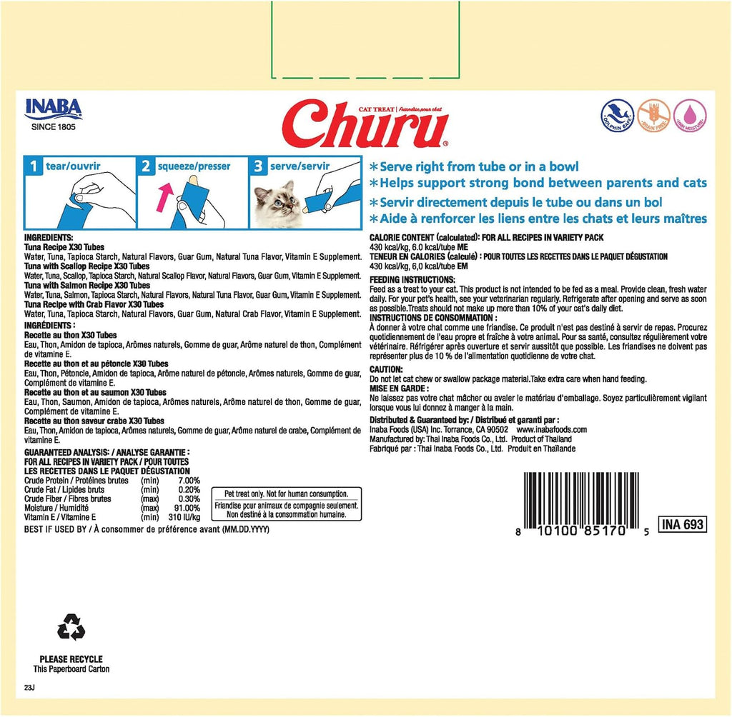 INABA Churu Cat Treats, Lickable, Squeezable Creamy Purée with Vitamin E, 0.5 Ounces per Tube, 120 Tubes Total, Tuna Variety