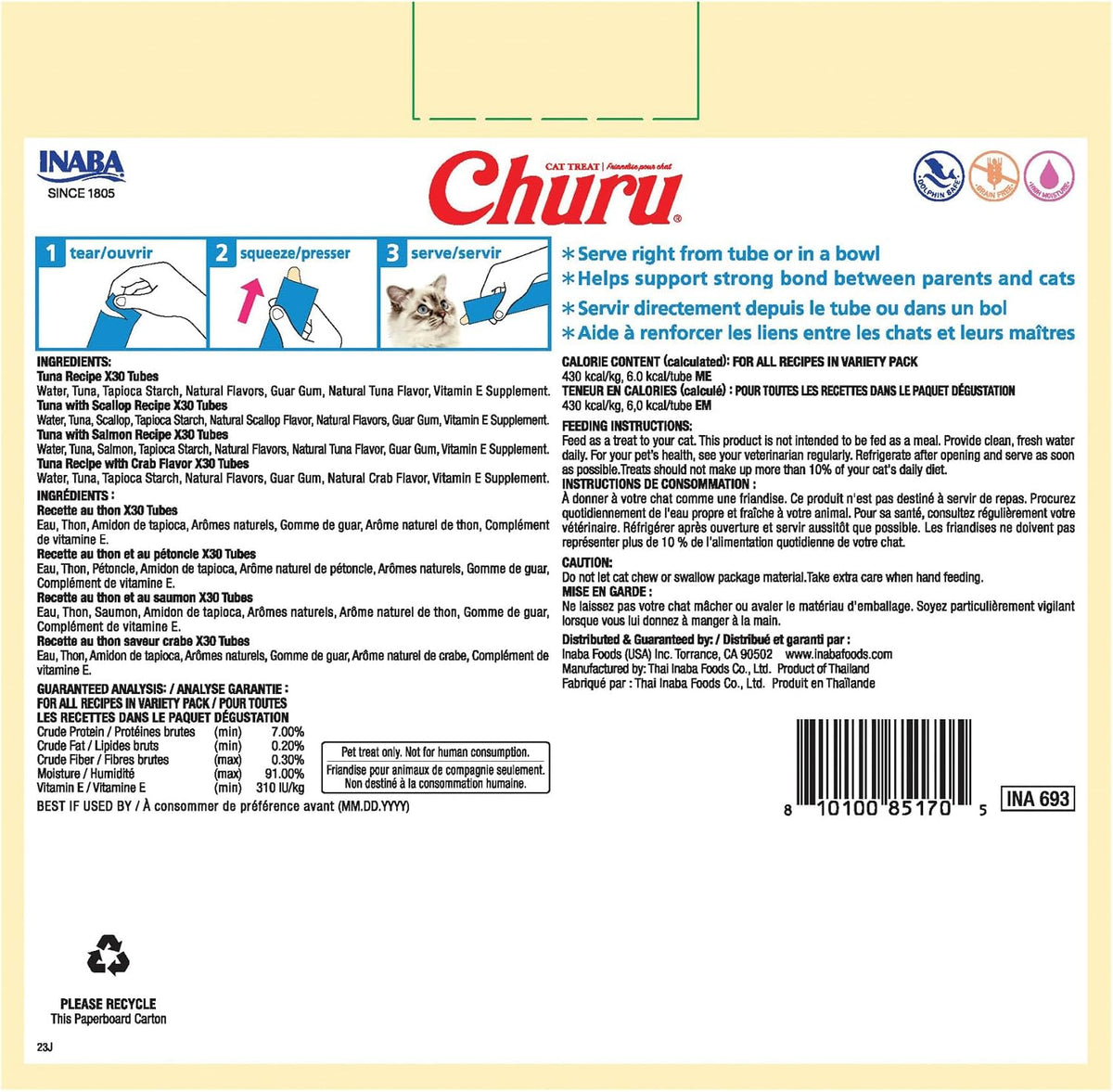 INABA Churu Cat Treats, Lickable, Squeezable Creamy Purée with Vitamin E, 0.5 Ounces per Tube, 120 Tubes Total, Tuna Variety