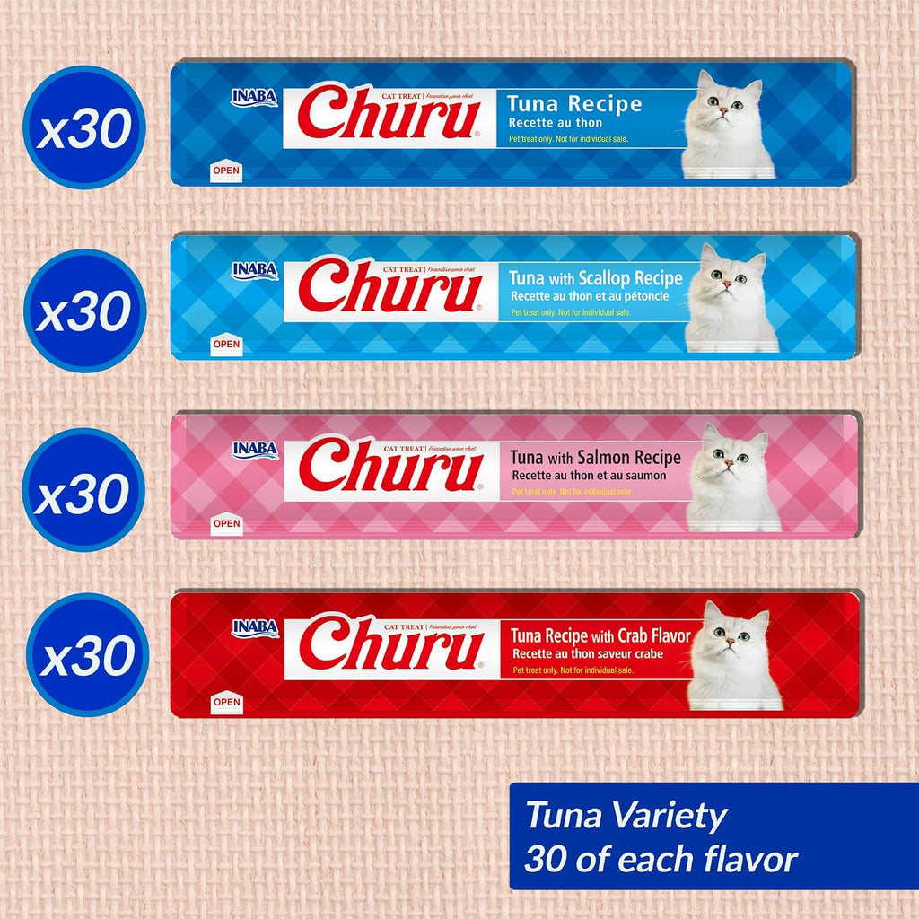INABA Churu Cat Treats, Lickable, Squeezable Creamy Purée with Vitamin E, 0.5 Ounces per Tube, 120 Tubes Total, Tuna Variety