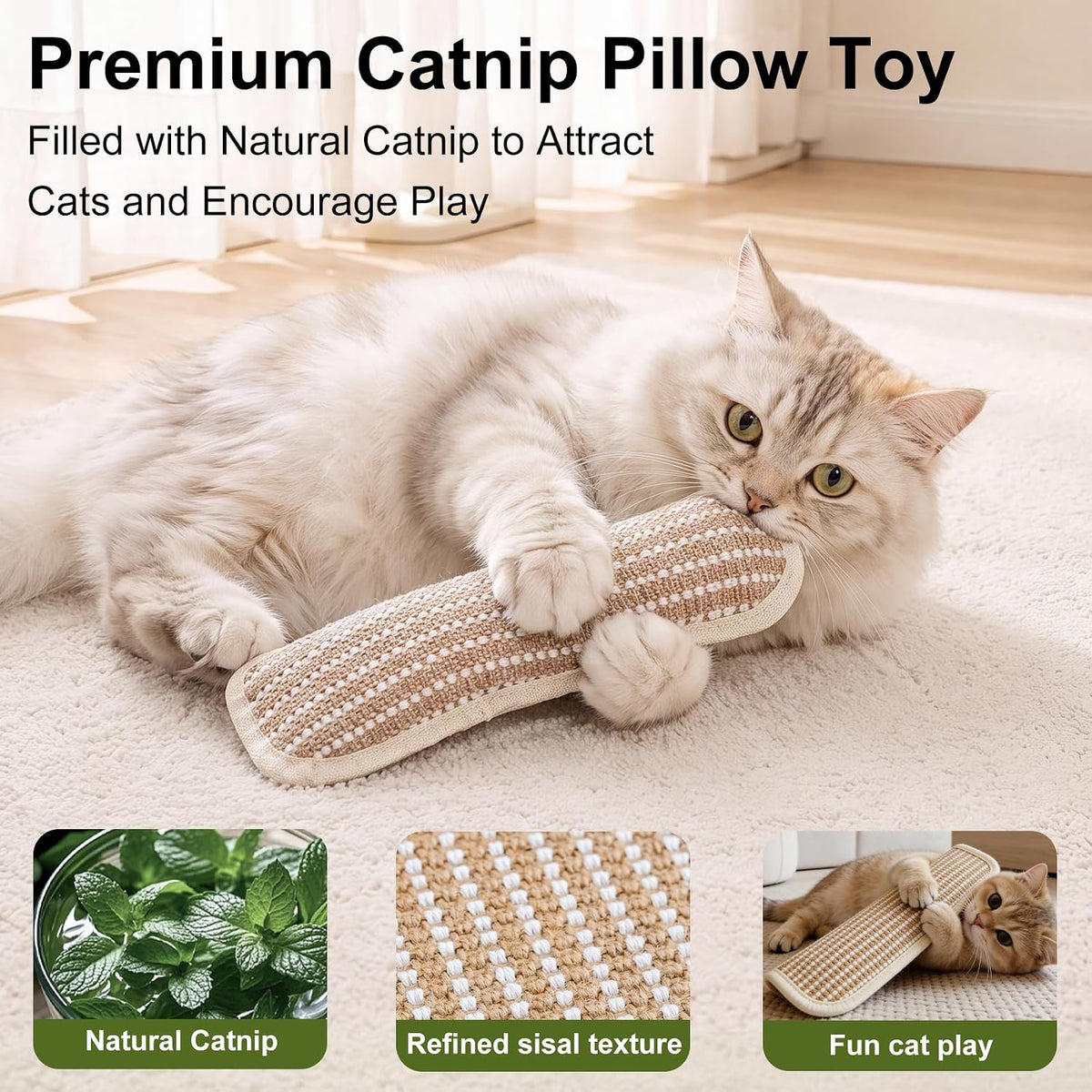 Cat Toys, 2 Pack Sisal Catnip Pillow Toys with Crinkle Sound